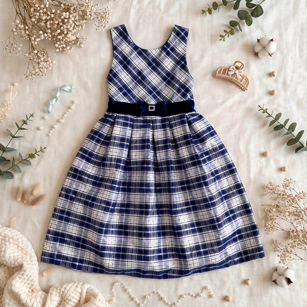 Jona Michelle Girls Navy White Plaid Metallic Party Dress Size 12 Velvet Bow